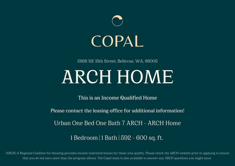 A poster advertising an income qualified home with the address 13866 NE 18th Street, Bellevue, WA, 98005.